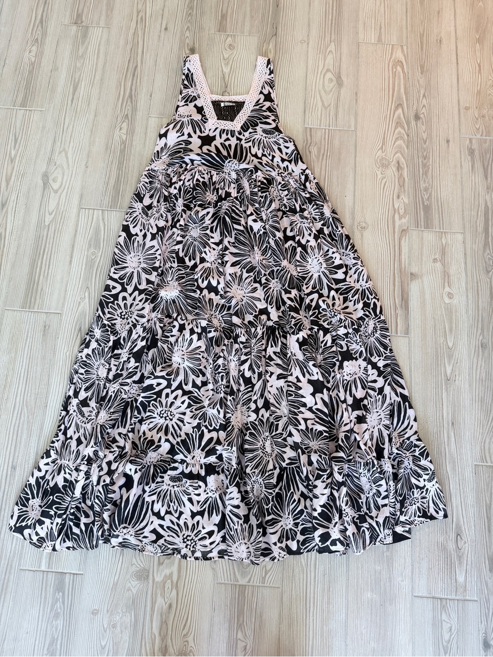 Free People Black Pink Floral Tiered Crochet Back Maxi Dress XS